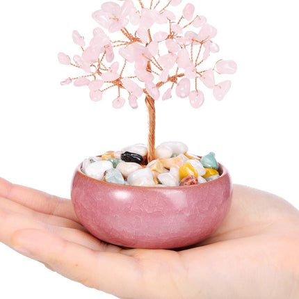 GEHECRST Rose Quartz Crystal Tree Natural Healing Crystal Gemstone Tree with Ceramic Base Handmade Stone Feng Shui Bonsai Money Tree for Wealth Good Luck Home Office Decor Crystal s