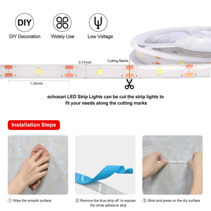 echosari LED Strip Lights Battery Powered, 90 LED Red 2835 SMD Strip Lights 9.8 Ft Cuttable Self-Adhesive Strip Lights with Remote Timer for Outdoor Indoor Party Bedroom Decoration