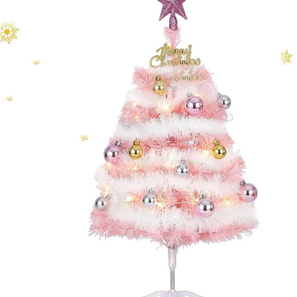 Mini Pink Christmas Tree, 24” Artificial Tabletop Christmas Tree with Lights & Hanging Ornaments, Small Desktop Xmas Tree for Party Supplies Home Indoor Decoration