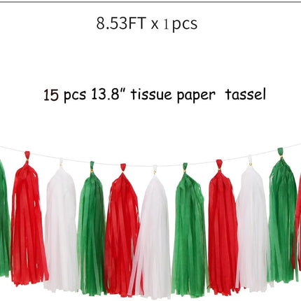 Red-Green White Christmas Party-Decorations Tassel-Garland -15pcs Mexico Italy Tassels Banner Streamers,Mexican Italian Birthday Wedding Baby Shower Decor Panduola