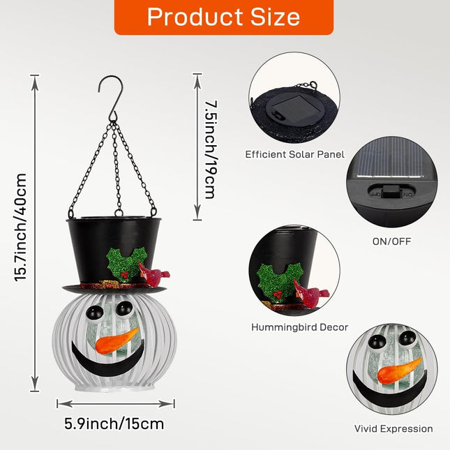 Christmas Snowman Solar Lanterns Outdoor Waterproof Hanging Solar Lantern Metal Decor Snowman Lantern Lamp with Glass Ball Solar Lights for Garden Yard Patio Decor(15.7” H 5.9” W)