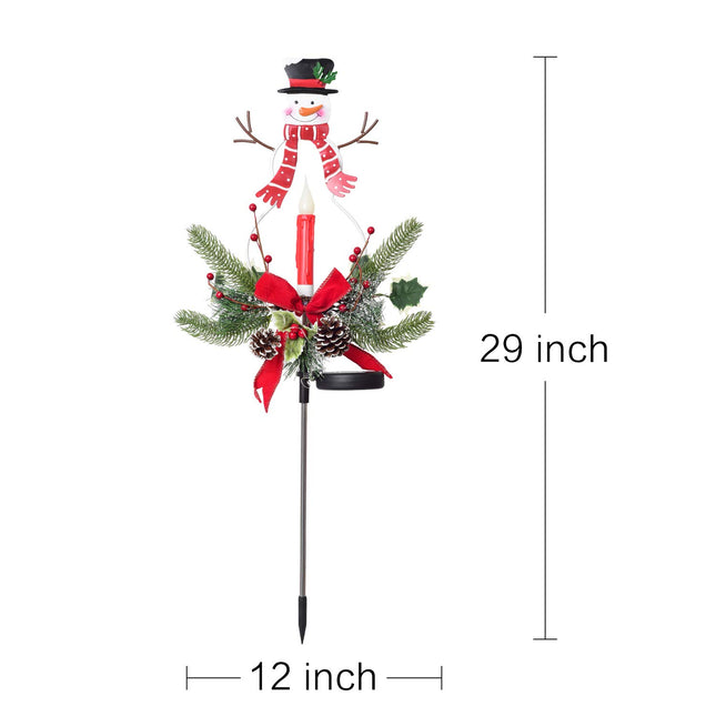 2 Pack Solar Christmas Light Outdoor Decoration Clearance, LED Candle, Snowman Christmas Light with Faux Pine Cones, Foliage Accents Garden Decorative Stake