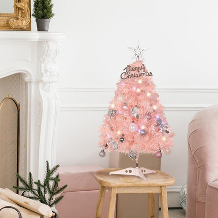 24 Inch 2 FT Pre-lit Mini Christmas Tree, DECSPAS Small Tabletop Pink Christmas Tree with LED Lights Hanging Ornaments and Tree Skirt Xmas Decorations for Holiday Party Home