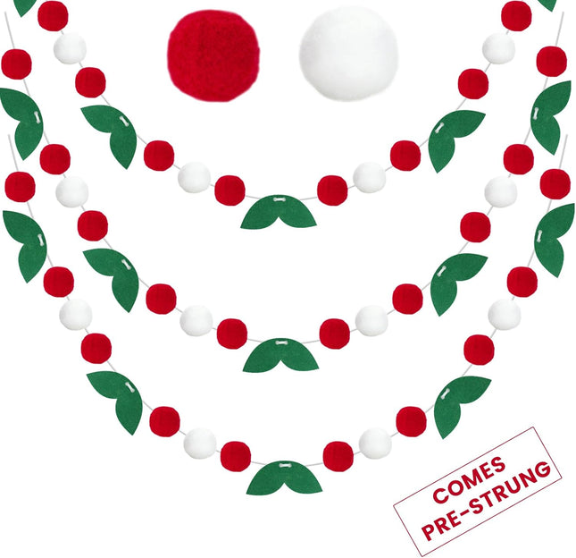 jijAcraft Pre-Assemble Christma Felt Ball Garland 3 Packs Colorful Pom Pom Garland, Cute Winter Wonderland Snow Ornaments Ball for Holiday Xmas Christmas Tree Decoration (Red and White with Holly)