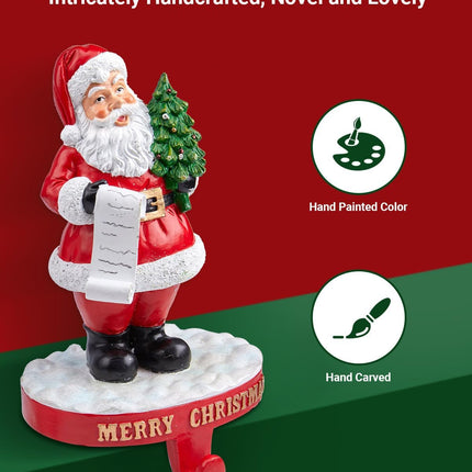 Minetom Christmas Stocking Holders for Mantle Set of 4, 3D Resin Tree Reindeer Snowman and Santa Claus Stocking Hangers, Home Xmas Decorations for Fireplace Mantel Table Garland