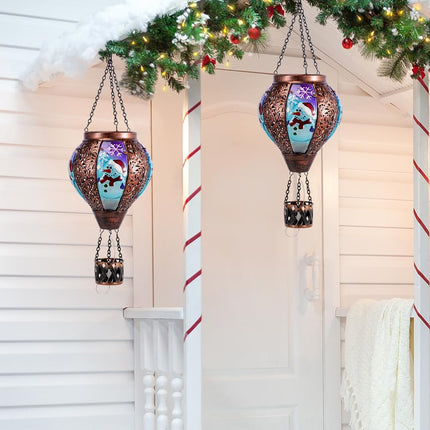 DREAMSOUL Christmas Hot Air Balloon Solar Lantern, Solar Snowman Decorative Solar Lantern with Candle Holder, Hanging Christmas Lantern with Flickering Flame for Garden Patio Snowman Decor