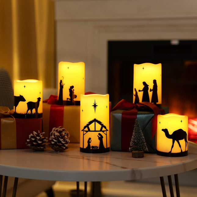 Homemory Flameless Christmas Nativity Scene Candles, Battery Operated LED Pillar Religion Candles, Nativity Sets Indoor Outdoor Decorations for Xmas Holiday Home Decor, with Remote and Timer, Set of 5