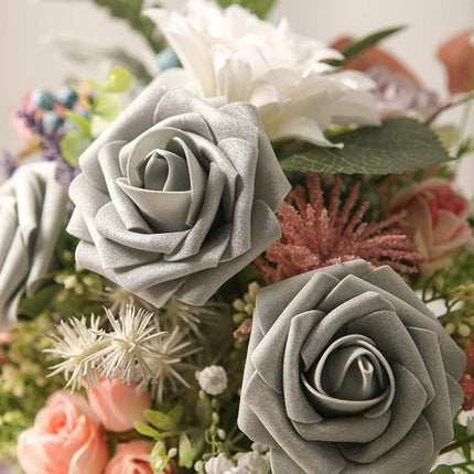 Floroom Artificial Flowers 50pcs Real Looking Shimmer Silver Grey Foam Fake Roses with Stems for DIY Christmas Tree Xmas Wedding Bouquets Party Tables Centerpieces Floral Arrangements Home Decor