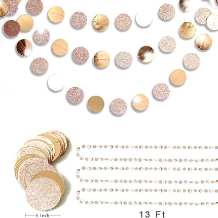 Glitter Party Decorations Champagne Gold Hanging Streamer Circle Dots Garland Paper Dots String Bunting Banner Backdrop Background Decor for Birthday Wedding Anniversary Engagement Christmas