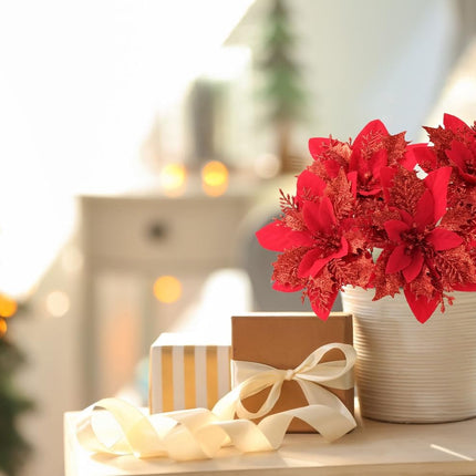 12PCS Christmas Poinsettia Artificial Flowers,Xmas Red Glitter Silk Flowers with Clips and Steams for DIY Christmas Tree Decorations Stairs Wreath Ornaments Home Party