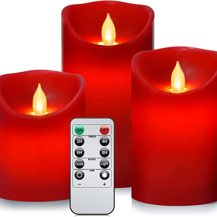 Flameless Battery Operated LED Candles, Remote Control Electric Realistic Candles Flickering Real Wax 4/5/6 Inch 3PACK with 2/4/6/8 Hour Timer for Home Decor Holidays Party (Red)