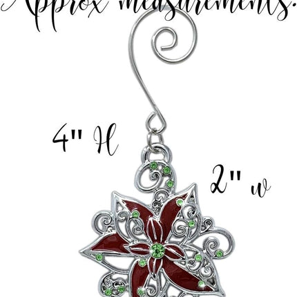 Poinsettia Christmas Ornaments - Set of 3 Silver Filigree Red and Green Jeweled Poinsettias - 2" D