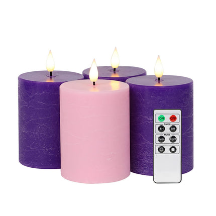Fanna 4" Advent Flameless Pillar Candles with Timer, Battery Operated Led Candle for Christmas with Remote - Batteries Included - Set of 4