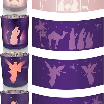 Advent Candle Holder Set of 4, Christmas Votive Candle Holders, Glass Tealight Holders for Xmas Table Centerpieces Nativity Decorations, Purple & Pink