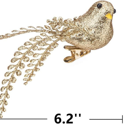 6 Pcs Christmas Artificial Gold Bird, Clip-On Bird Ornament Shiny Wreath Flower Arrangement Supplies for DIY Craft Xmas Tree Topper Party Decor, 6" Golden