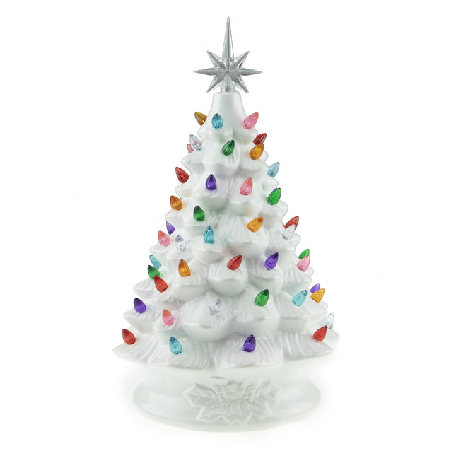 Clever Creations 15 Inch Pre Lit Tabletop Ceramic Christmas Tree, Hand Painted Holiday Decoration with Multicolored Lights, White
