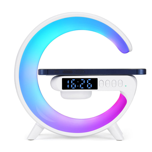 Mini Wireless Speaker Lamp with Alarm Clock, Wireless Charging, Atmosphere Light, Bedside Table Lamp s (White)