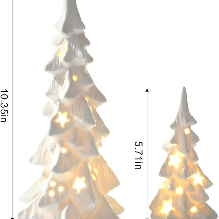 DN DECONATION White Ceramic Christmas Tree That Light Up, 2Pcs Porcelain Christmas Tree with Lights, Stars and Dots Cutouts Prelit Tabletop Xmas Tree Figurines, Modern Christmas Decor,