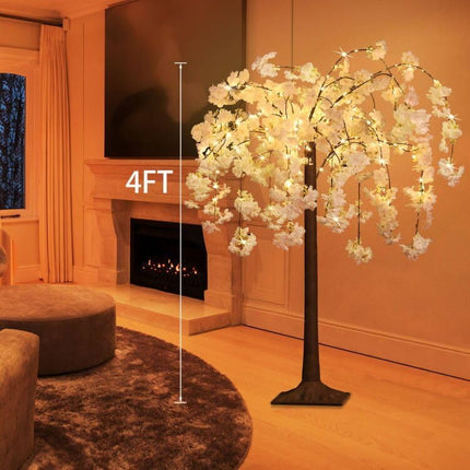 OUSHENG Lighted Cherry Blossom Tree LED Artificial Trees for Decoration Inside, Light up Tree with Faux Flower for Home Patio Wedding Party Festival Christmas Decor, Warm White, 4FT