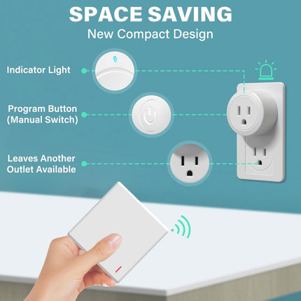 Remote Control Outlet Plug, 10A/1200W Wireless Light Switch Remote Adapter, 100ft RF Remote Switch Outlet for Christmas Lights, Fans, Household Appliances, White