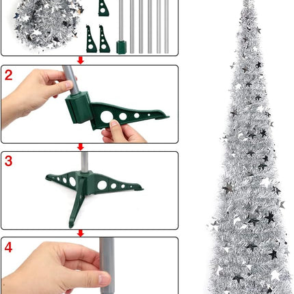 QUIENKITCH 6FT Pop Up Artificial Christmas Tree, Collapsible Sliver Tinsel Christmas Tree, Foldable Tall Skinny Pencil Xmas Tree for Holiday Xmas Fireplace Party Decor