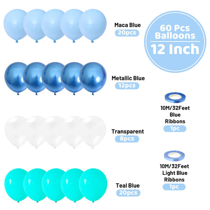 Funhot Teal Blue Balloons Set, 60PCS Turquoise Blue Balloon, 12Inch Pastel Blue Pearl White Latex Balloons Metallic Blue Balloon for Birthday Baby Shower Shark Sea Ocean Party Decorations