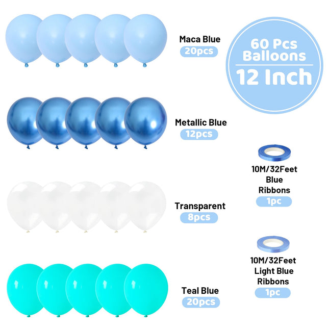 Funhot Teal Blue Balloons Set, 60PCS Turquoise Blue Balloon, 12Inch Pastel Blue Pearl White Latex Balloons Metallic Blue Balloon for Birthday Baby Shower Shark Sea Ocean Party Decorations