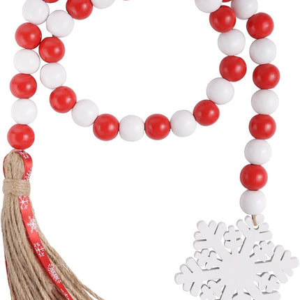 Christmas Wood Bead Garland - Red White Rustic Wooden Beads with Jute Rope Plaid Tassel Bead Garland for Year Winter Xmas Tiered Tray Décor Farmhouse Home Kitchen Wall Hanging Decoration