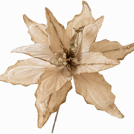 6 pcs Christmas Poinsettia Artificial Glitter Flowers Ornaments Picks 11" for Christmas Tree Wreath Garland Xmas Year Decoration (Light Golden)