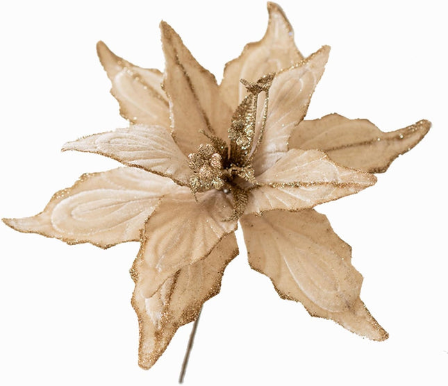 6 pcs Christmas Poinsettia Artificial Glitter Flowers Ornaments Picks 11" for Christmas Tree Wreath Garland Xmas Year Decoration (Light Golden)