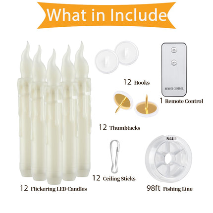 12 Pcs Flameless Taper Candles with Remote Control, Battery Operated Hanging Floating Candles, LED Warm Light Realistic Candles Flickering for Wedding Halloween Christmas Themed Party Decorations
