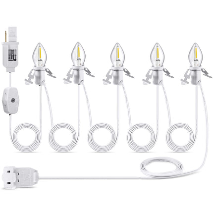 Christmas Accessory Cord with 5 LED Light Bulbs, 11.5 Feet White C7 Lamp, On/Off Switch Plug, Spare Fuses, Female/Male Plugs, Blow Mold Light for Village House Craft Decorations(1 Pack)