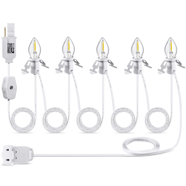 Christmas Accessory Cord with 5 LED Light Bulbs, 11.5 Feet White C7 Lamp, On/Off Switch Plug, Spare Fuses, Female/Male Plugs, Blow Mold Light for Village House Craft Decorations(1 Pack)