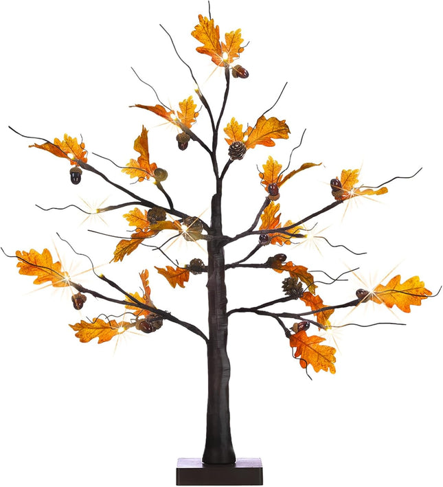 Fall Lighted Maple Tree, 24” Battery Operated Artificial Fall Foliage Tree Lights with 24 Warm White LED Timer for Thanksgiving Autumn Harvest Home Tabletop Indoor Decorations
