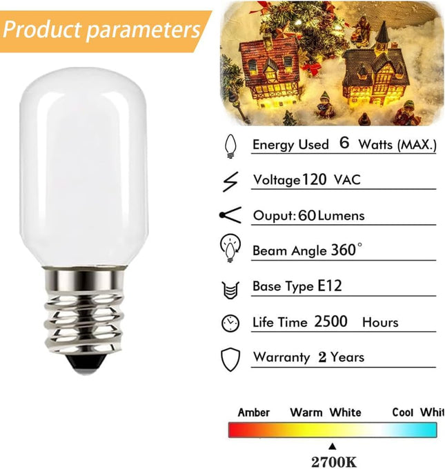 Christmas Villages Replacement Light Bulb 6 Watt Incandescent Night Light Bulb,120-Volt Mini Light Bulb Candelabra E12 Base for Home Decorate -6Pcs