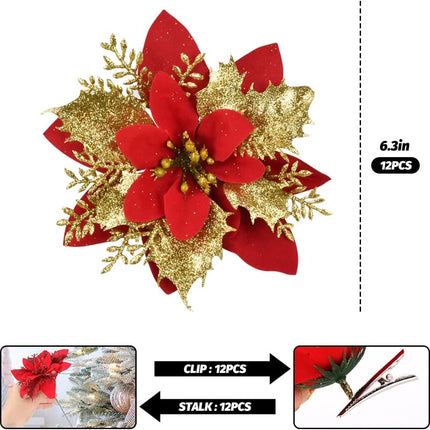 Vanleonet 12 PCS Christmas Glitter Artificial Poinsettia Flowers, Christmas Flowers Decorations, Glitter Poinsettia Tree Ornaments for Christmas Wreath Wedding Xmas Tree Decorations (Gold-Red-12pcs)
