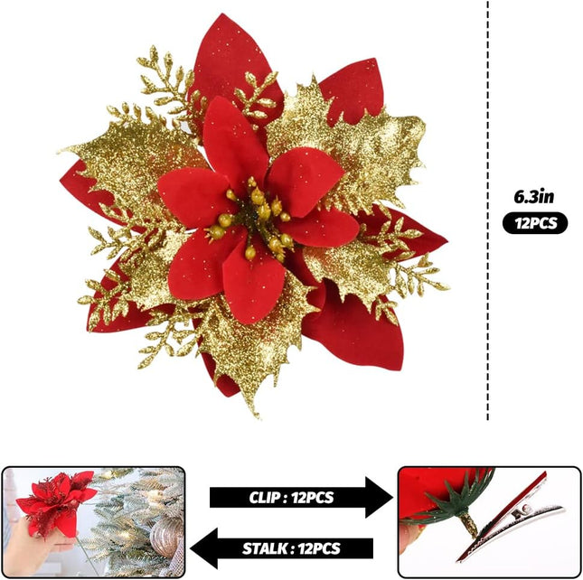 Vanleonet 12 PCS Christmas Glitter Artificial Poinsettia Flowers, Christmas Flowers Decorations, Glitter Poinsettia Tree Ornaments for Christmas Wreath Wedding Xmas Tree Decorations (Gold-Red-12pcs)