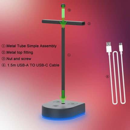 RGB Dual Headphone Stand with USB Charging Port, Desk Gaming Double Headset Holder，Durable Hanger Rack-Suitable for Desktop Table, Game, DJ, Earphone, PC, PS4, PS5, Xbox Gamer Accessories
