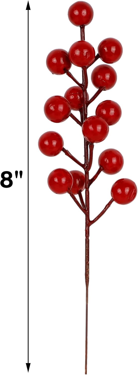 winemana 24 Pack 8 Inch Christmas Faux Picks Winter Berry Sprigs, Artificial Red Berries Stems Ornaments for Christmas Tree DIY Crafts Wreath Garland Decor