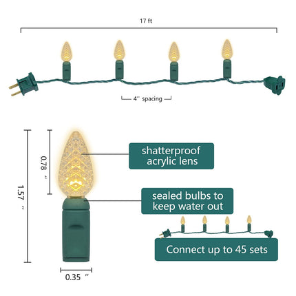 Dalla Costa 50 Count C3 Faceted Christmas Mini Light Set Indoor/Outdoor Use String Lights for Garden Christmas Tree Patio Lawn Party Home 120V UL Green Wire 17 Feet (Warm White)