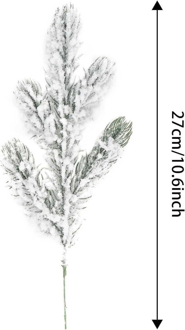 12Pcs Snowy Artificial Pine Needles Branches Twigs 10.6" Fake Frosted Pine Picks Greenery Stems Christmas Pine Tree Picks Winter Fir Pine Sprays Sprigs for Crafts Wreaths Garlands Holiday Decor