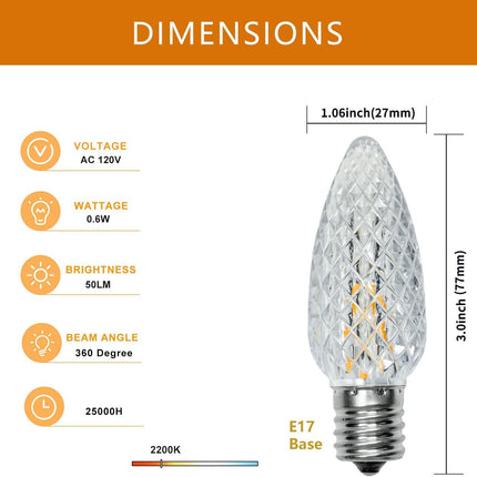 100 Pack C9 Led Christmas Lights Bulb, C9 Replacement LED Christmas Lights Outdoor Bulb, C9 Shatterproof Led Bulb for E17 Base, Christmas String Lights, Commercial Grade 2200K Warm White Bulbs