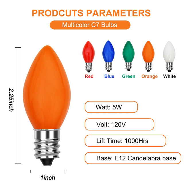 Multicolor Light Bulbs,C7 Spare Incandescent Christmas Light Bulbs,5w Vintage Ceramic Light Bulbs C7/E12 Base for Outdoor Indoor Christmas Tree&String Lights