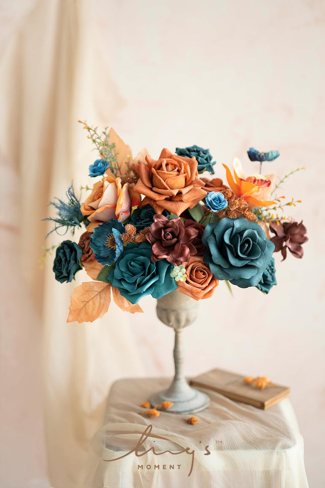 Ling's Moment Terracotta Artificial Flowers and Greenery Combo Box Set, Teal & Terracotta Fake Flower for DIY Wedding Bridal Bouquet, Centerpieces Decor, Floral Arrangement Decor, etc.