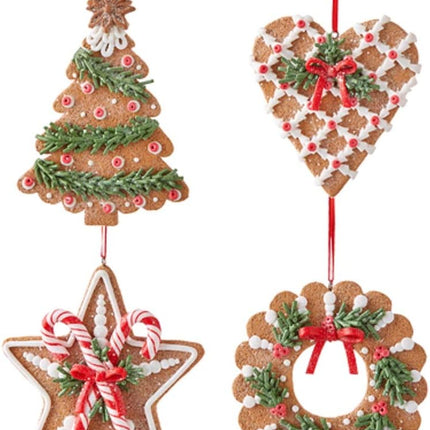 RAZ Imports 5" Holiday Gingerbread Christmas Tree Ornaments, Set of 4 Clay Dough Shaped Christmas Tree, Heart, Star, Wreath Ornaments