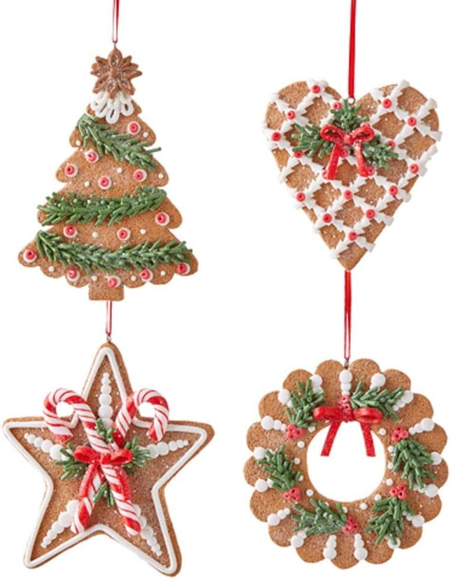 RAZ Imports 5" Holiday Gingerbread Christmas Tree Ornaments, Set of 4 Clay Dough Shaped Christmas Tree, Heart, Star, Wreath Ornaments