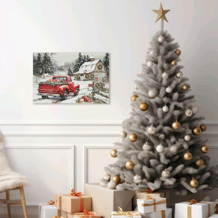 Framed Farmhouse Christmas Wall Decor - Red Truck Carrying s Old White Barn with Festival Ornaments Snowman Welcome Guests Snowy Winter Scene for Holiday Living Room Home Decorations 16"x24"