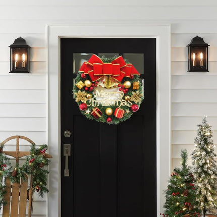 Christmas Wreath Reef for Front Door Window 13 Inch Pine Artificial Garland with Bowknot, Bells, Deer, Red Berries, Cabinet Wreath for Christmas Party Decor, Front Door Window Wall Wreath