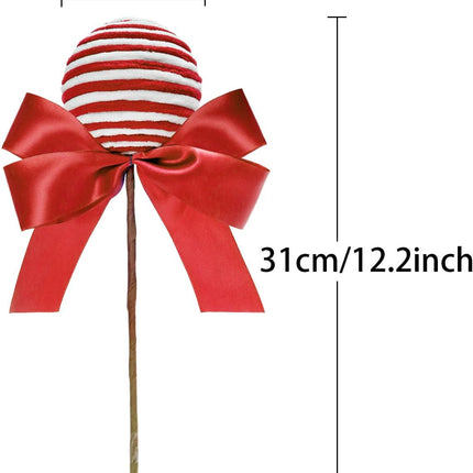 Large Lollipop Candy Picks Set of 4 Striped Peppermint Sprays Christmas Tree Stems Decorations Sticks with Ribbon Bows Xmas Tree Topper Home Vase Filler Wreath DIY Crafts Party Supplies (Red White)