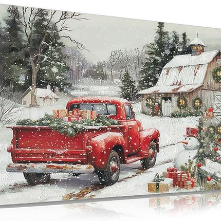 Framed Farmhouse Christmas Wall Decor - Red Truck Carrying s Old White Barn with Festival Ornaments Snowman Welcome Guests Snowy Winter Scene for Holiday Living Room Home Decorations 16"x24"